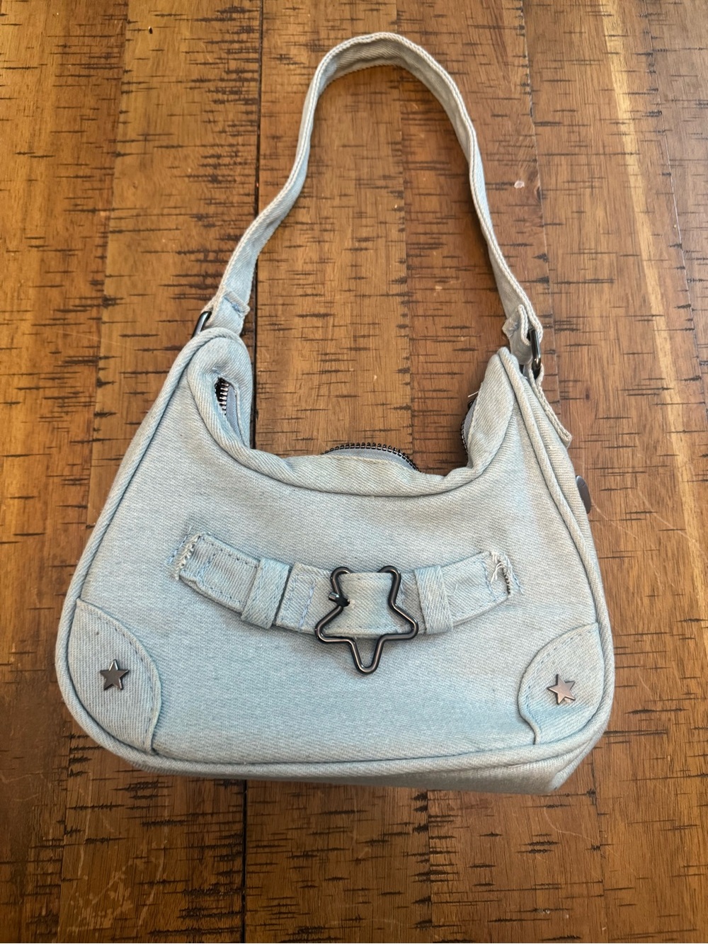Light Blue Denim Star Accent Shoulder Bag